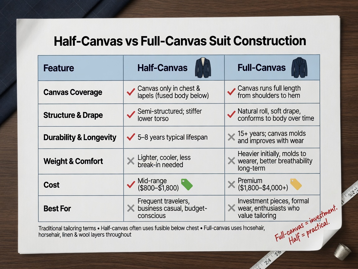 ** "Comparison table of half‑canvas and full‑canvas suit construction differences"
